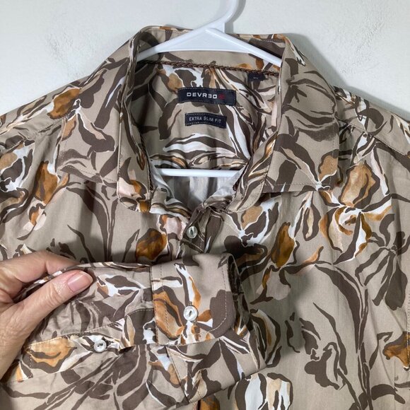 Mens Devred 1902 Extra Slim Fit Floral Button Shirt Tan Brown XL Made in France - Picture 3 of 8